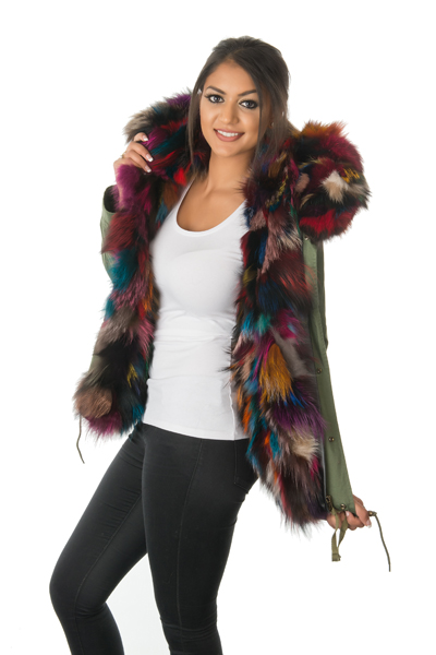 multi-coloured fox fur jacket