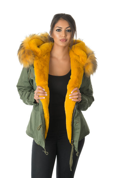 yellow fur parka jacket